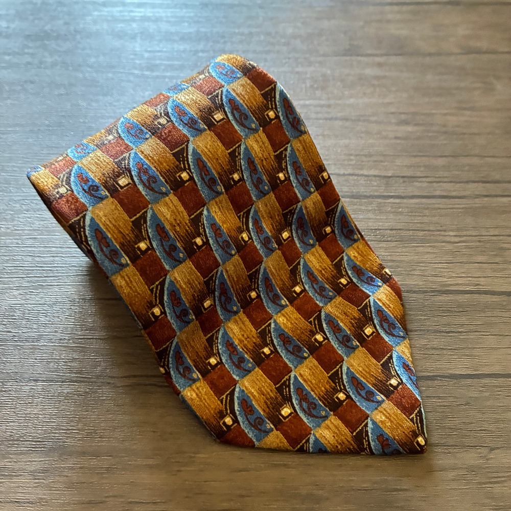 Villa Bolgheri Geometric Silk Necktie OS Gold Brown Blue Mens Italian Luxury Tie